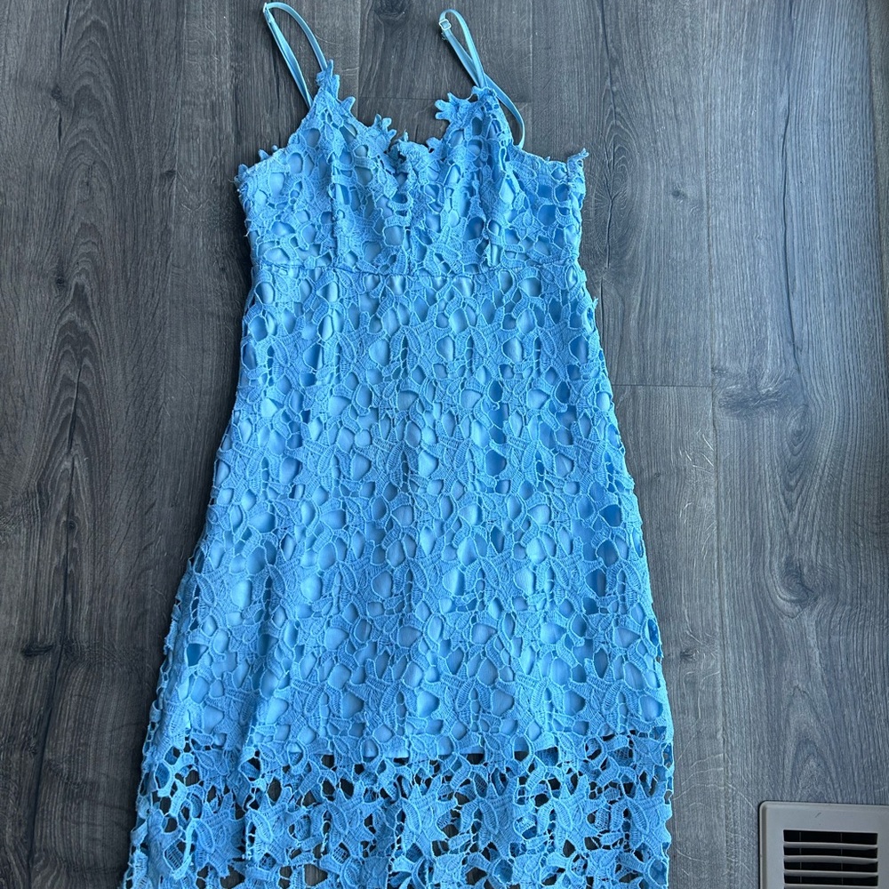 2/$40 Light Blue Lace Dress above the knee powder blue zip back lace overlay med